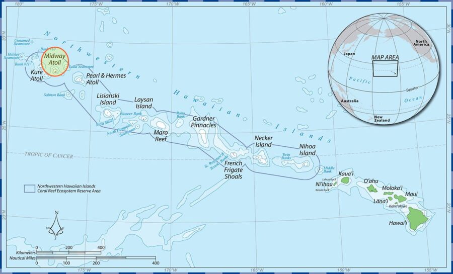 A map shows where Midway Atoll is located in the Hawaiian Archipelago.