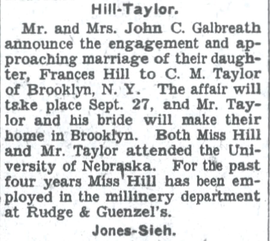 A newspaper clipping announces Frances Hill's engagement to C. M. Taylor.