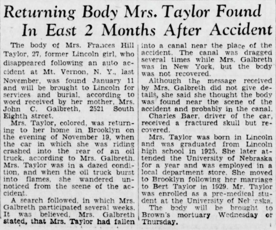 A newspaper clipping is titled, "Returning Body Mrs. Taylor Found in East 2 Months After Accident."