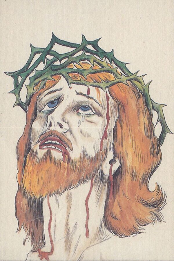 A color drawing depicts Jesus Christ wearing a crown of thorns and looking up to the sky.