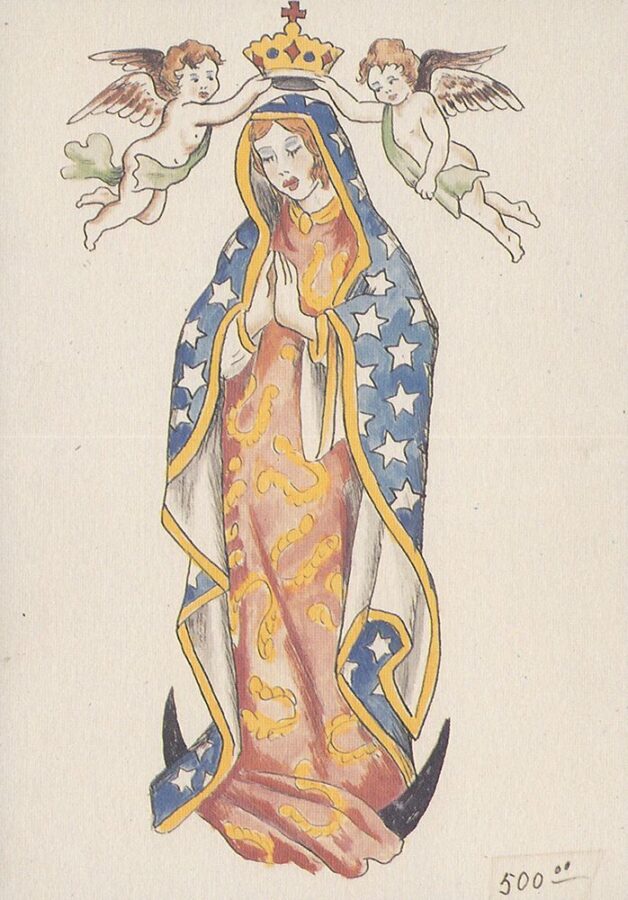 A color drawing depicts the Virgin Mary praying. Two cherubs are placing a crown on her head.