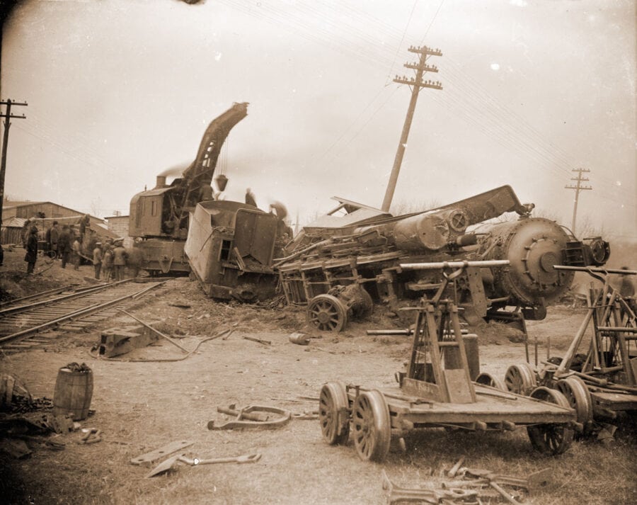 This photograph shows a derailed train.